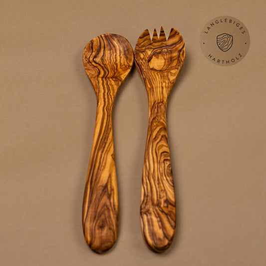 das Olivenholzbrett ® Salatbesteck Olivenholz/Servierbesteck aus Holz/Salatbesteck Set mit kurzen Zacken / 30cm