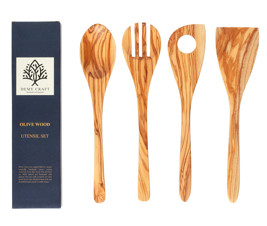 DemyCraft - Olivenbaum 30 cm Handgefertigtes 4-teiliges Küchen-Set (4 Piece)